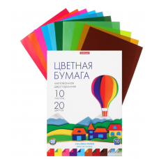 Бумага цветная А4, 20 цветов, 10 листов Erich Krause, двусторонняя, мелованная в папке плотность 80 г/м2